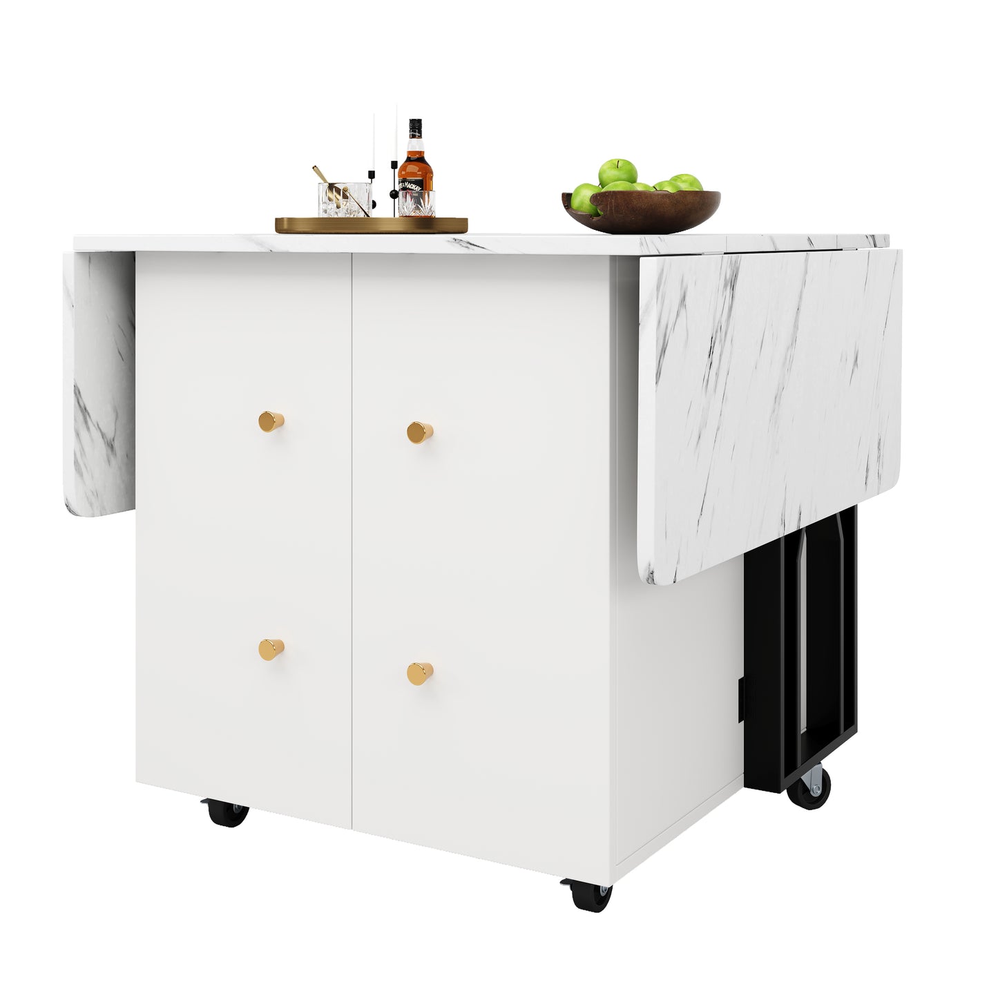 Tragbarer Esstisch, klappbare Tischplatte, marmorierte Tischplatte, geeignet für Esszimmer, Wohnzimmer, verstellbare Trennwände, großes Staufach, 6 Rollen (2 feststellbar), schwarze Tischbeine