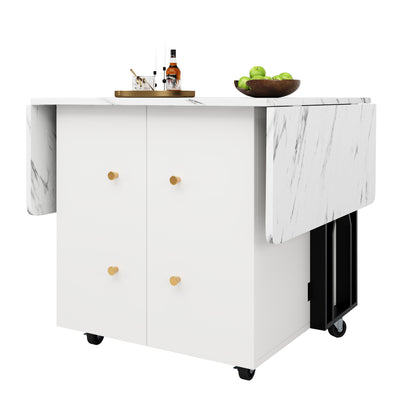 Tragbarer Esstisch, klappbare Tischplatte, marmorierte Tischplatte, geeignet für Esszimmer, Wohnzimmer, verstellbare Trennwände, großes Staufach, 6 Rollen (2 feststellbar), schwarze Tischbeine