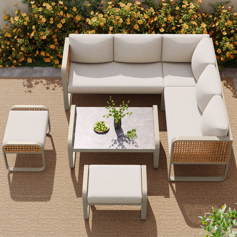 Garten-Lounge-Set, Rattan-Möbel-Set für 6-7 Personen, Ecksofa mit verzinktem Eisengestell, verstellbare Beine, inklusive aller Sitz- und Rückenkissen, beige