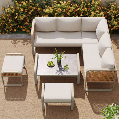 Garten-Lounge-Set, Rattan-Möbel-Set für 6-7 Personen, Ecksofa mit verzinktem Eisengestell, verstellbare Beine, inklusive aller Sitz- und Rückenkissen, beige