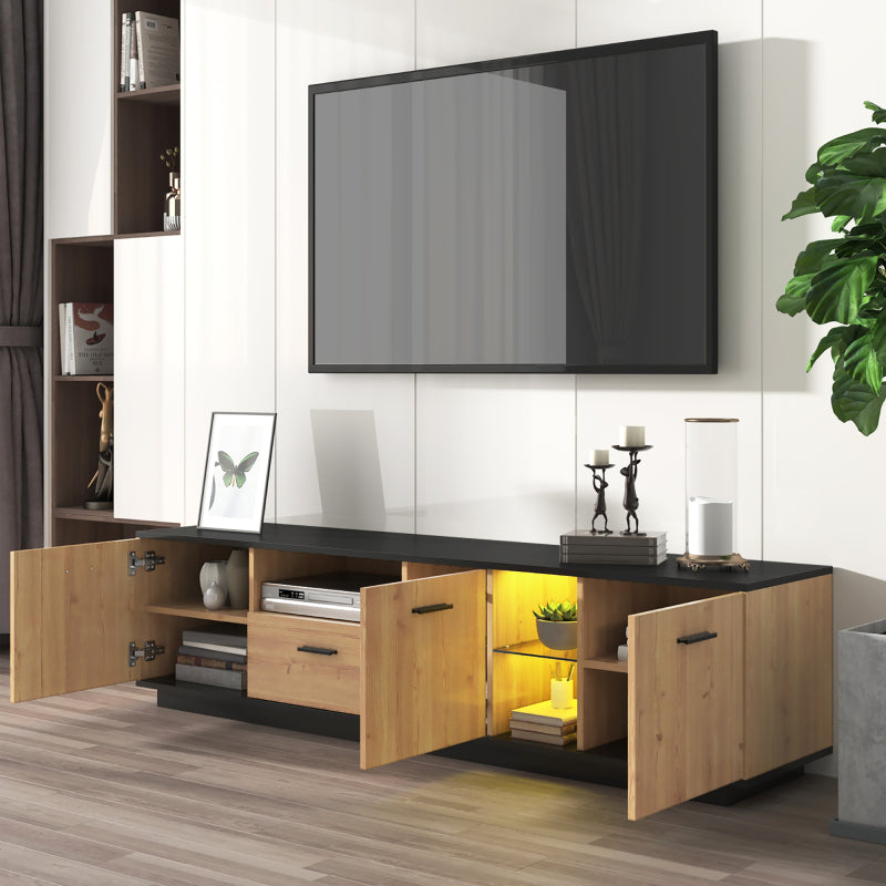 TV-Schrank mit einer Schublade, drei Türen, zwei offene Fächer mit Glas TV-Möbel, TV-Board, TV-Lowboard Feinstruktur. Schwarze und natürliche Holzfarben. 15 variable LED-Leuchten.