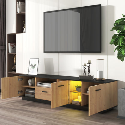 TV-Schrank mit einer Schublade, drei Türen, zwei offene Fächer mit Glas TV-Möbel, TV-Board, TV-Lowboard Feinstruktur. Schwarze und natürliche Holzfarben. 15 variable LED-Leuchten.