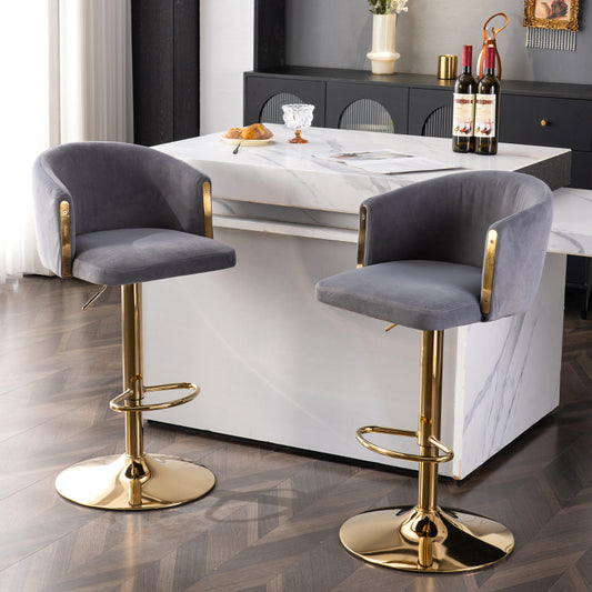 Modern rotatable height adjustable bar stools, modern bar stools for kitchen, bar, and restaurant counters, lift stools with middle backrest and gold footrest (Grau Set of 2)