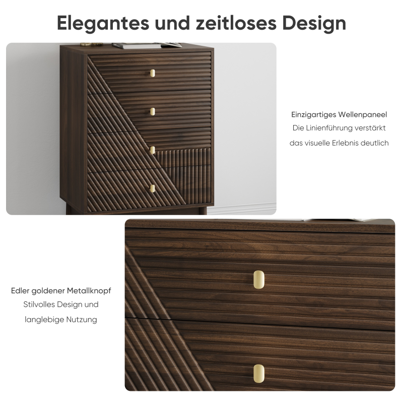 Kommode mit 4 Schubladen, Aufbewahrungsschrank aus Holz, Frisiertisch-Aufbewahrungsschrank für Wohnzimmer, Schlafzimmer, Flur, Walnuss