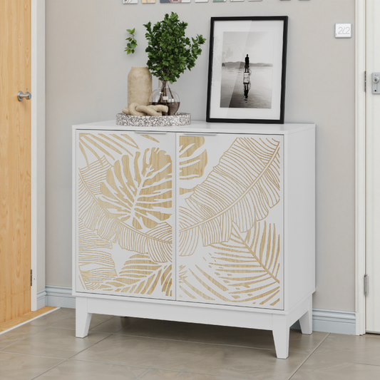 Vintage Buffetschrank mit Schnitzereien, 2 Türen & verstellbaren Böden – Holz Sideboard für Wohnzimmer, Küche & Esszimmer, Weiß
