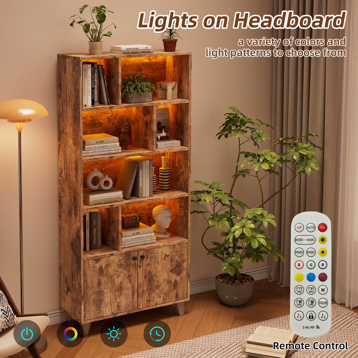 Bücherregal, LED-Farbwechsel-Ambientelicht, Fernbedienung, einfache Form, braun
