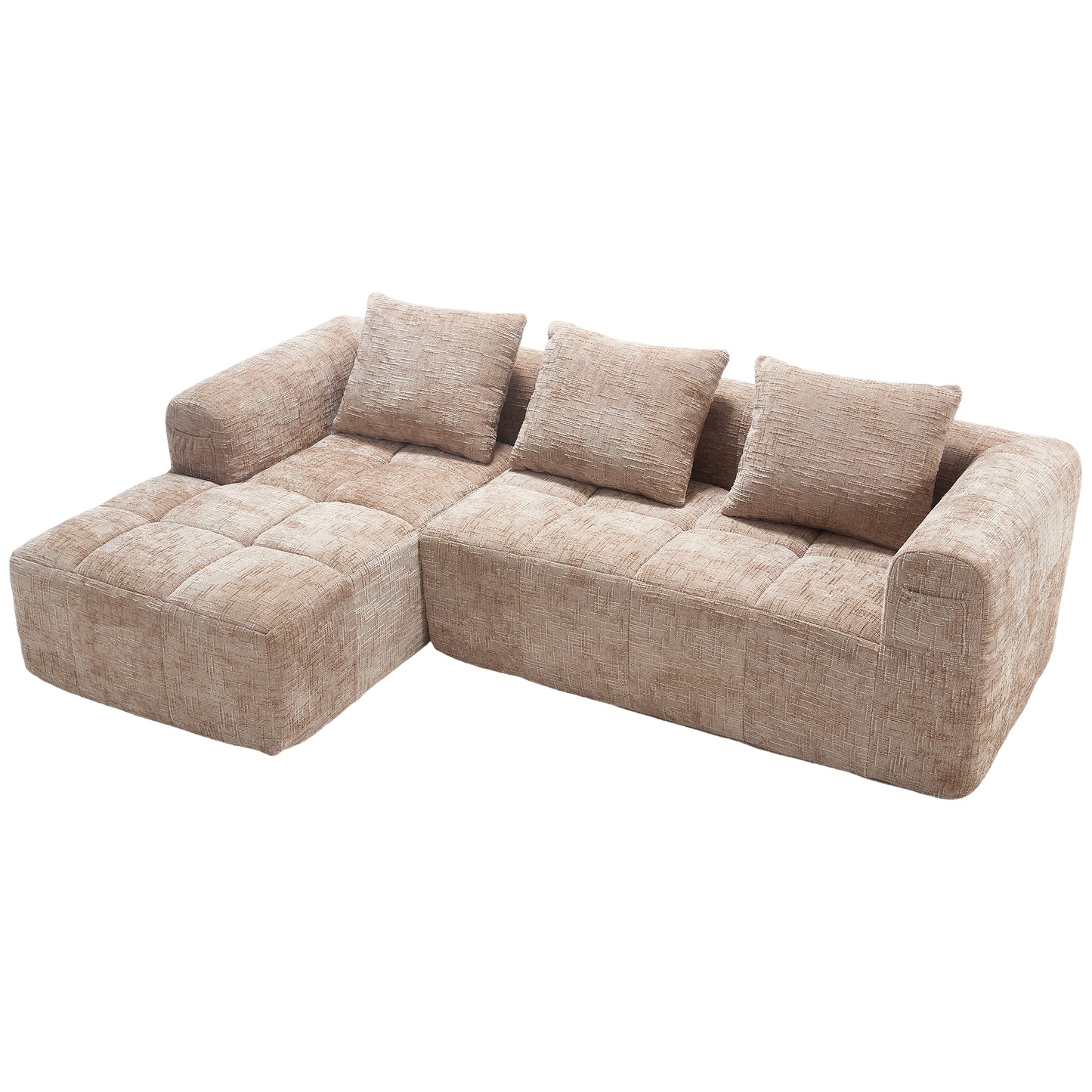 Modernes Sektionssofa, L-Sofa, 3-Sitzer-Sofa, keine Installation erforderlich, Chenille-Sofa mit Chaiselongue und Armlehnen, 3 Kissen, Seitentasche für Fernbedienung, khaki