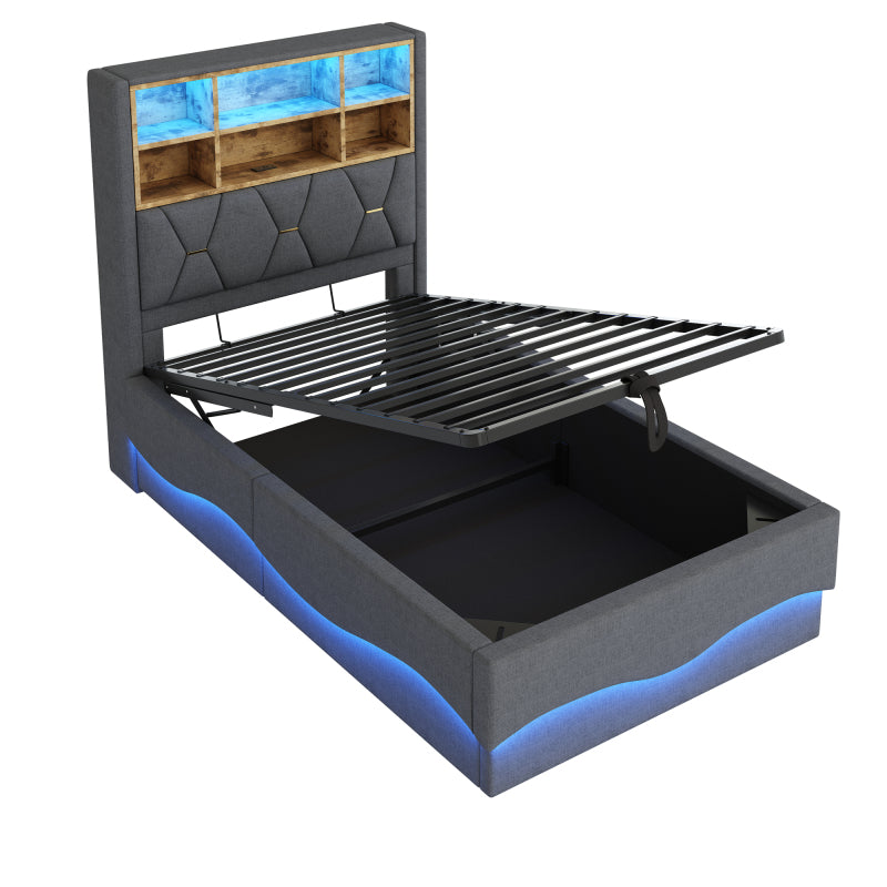 Kinderbett 90x200cm mit hydraulischem Stauraum APP-gesteuertes LED-Lichtband USB-Ladeanschluss Metall-Lattenrost Leinenpolsterung Grau