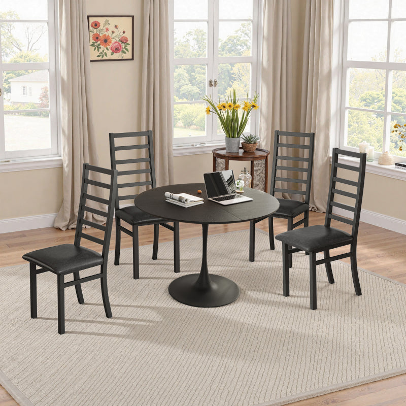 47.24"Modern Round Dining Table,Four Patchwork Tabletops with Black Color Solid Wood Grain Table Top,Metal Base Dining Table, End Table Leisure Coffee Table
