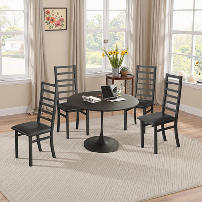 47.24"Modern Round Dining Table,Four Patchwork Tabletops with Black Color Solid Wood Grain Table Top,Metal Base Dining Table, End Table Leisure Coffee Table