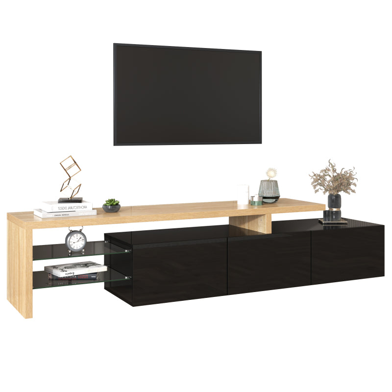 Modernes TV-Schrank-Design: Stilvolle Eleganz, praktischer Stauraum, Hochglänzendes Schwarz, Holzoptik, Glasböden, LED-Beleuchtung