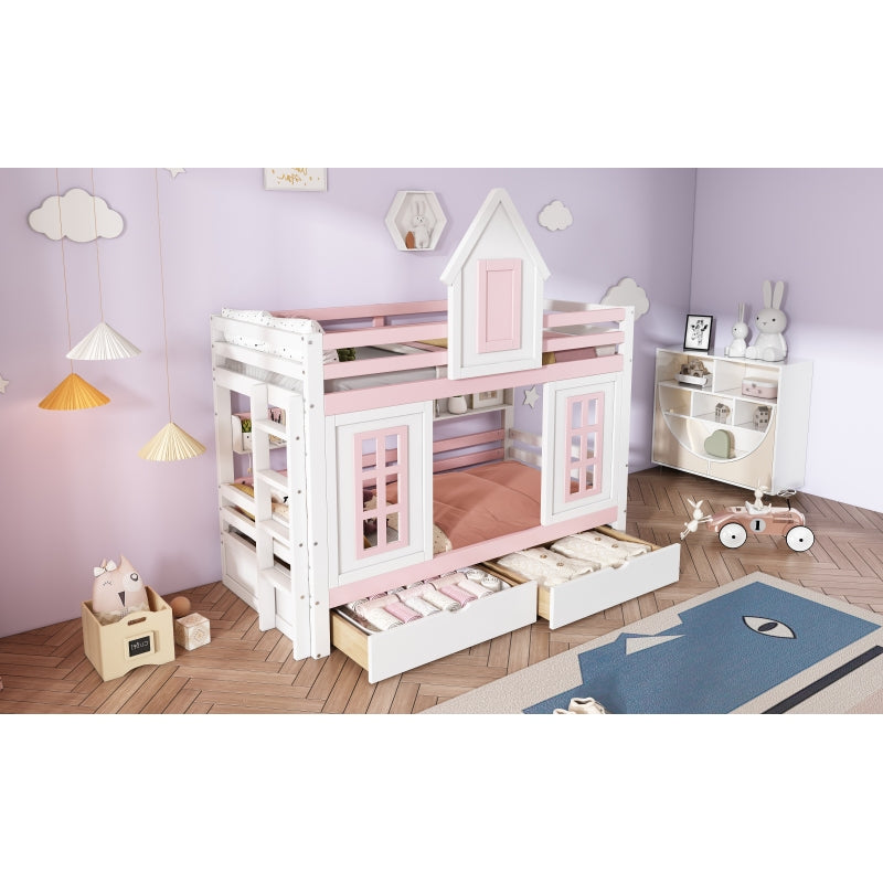 Etagenbett, Prinzessinnenbett, Kinderbett, Kinderbett mit Dach und Fenster, mit Fallschutzgitter, stabiles Geländer, Zwei Schubladen mit Rollen, Offenes Regal, Reichlich Stauraum, Kiefer+MDF,Weiß+Rose