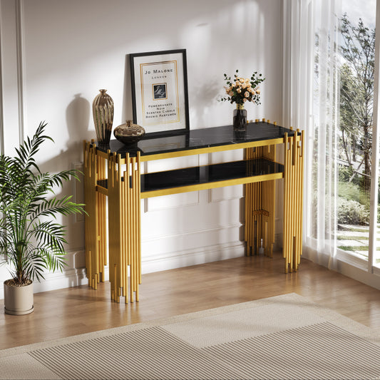 Mid-Century Modern Wohnzimmer Beistelltisch, Konsolentisch, Schwarzer Korpus mit goldenen Beinen, Doppelschicht MDF, Belastbarkeit bis 40 kg
