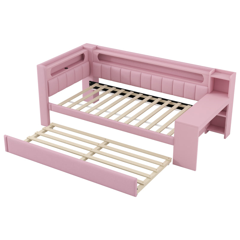 Gepolstertes 90x200 Tagesbett mit USB-Anschlüssen und LED-Gürtel, mit Ausziehbett und Schreibtisch, Rosa