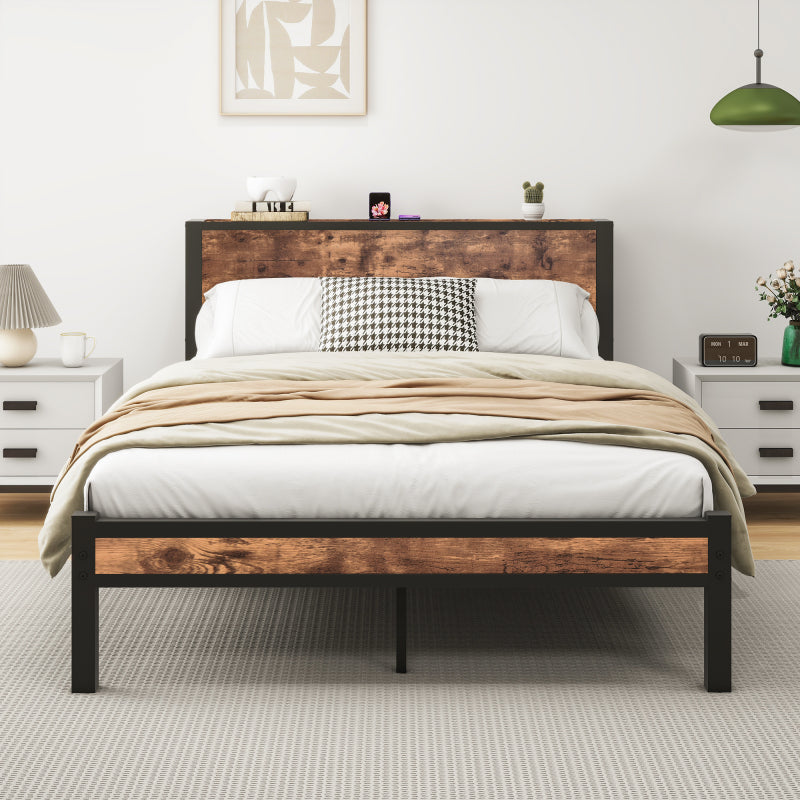 140x200 cm Metallgestell mit Stauraum-Kopfteil, Einzelnes Metall-Plattformbettgestell, Geräuschfrei, Metalluntergestell, Ohne Boxspring Notwendig, Vintage Braun