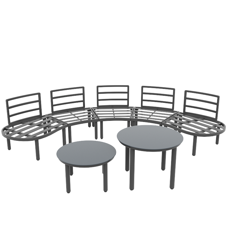 Gartenmöbel-Set (5-Sitzer), 2 Couchtische aus gehärtetem Glas, verzinkter Eisenrahmen, bequeme Gartenmöbel mit grauen Sitzpolstern und Kissen, mit verstellbaren Beinen, elegantes abgerundetes Sofa