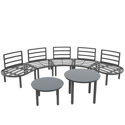 Gartenmöbel-Set (5-Sitzer), 2 Couchtische aus gehärtetem Glas, verzinkter Eisenrahmen, bequeme Gartenmöbel mit grauen Sitzpolstern und Kissen, mit verstellbaren Beinen, elegantes abgerundetes Sofa