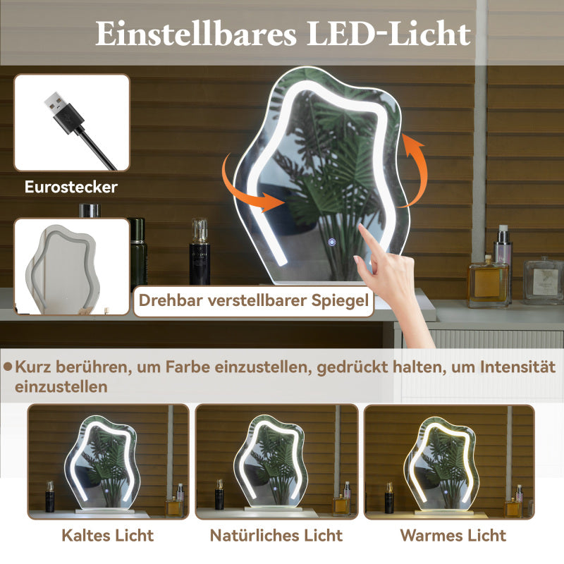 Schminktisch, Kosmetiktisch-Set mit Spiegel und Beleuchtung, ausziehbare Tischplatte, links-rechts wechselbar, 3-farbige LED-Beleuchtung, Maße: B100/H74.5/T40 cm (ohne Hocker)