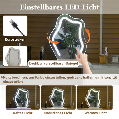 Schminktisch, Kosmetiktisch-Set mit Spiegel und Beleuchtung, ausziehbare Tischplatte, links-rechts wechselbar, 3-farbige LED-Beleuchtung, Maße: B100/H74.5/T40 cm (ohne Hocker)