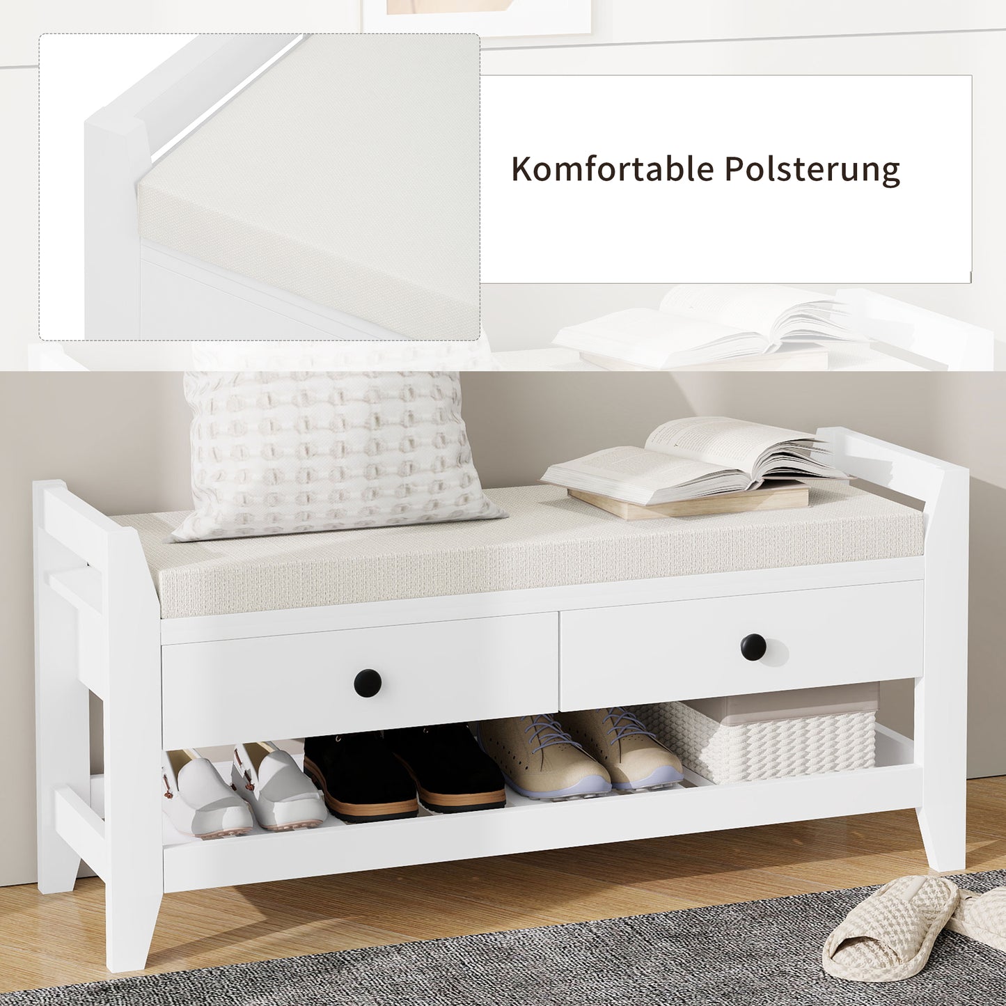 Moderne Schuhbank mit Sitzfläche und Stauraum, Soft Kissen-Oberfläche, Schuhregal für Eingangsbereich, Weiß