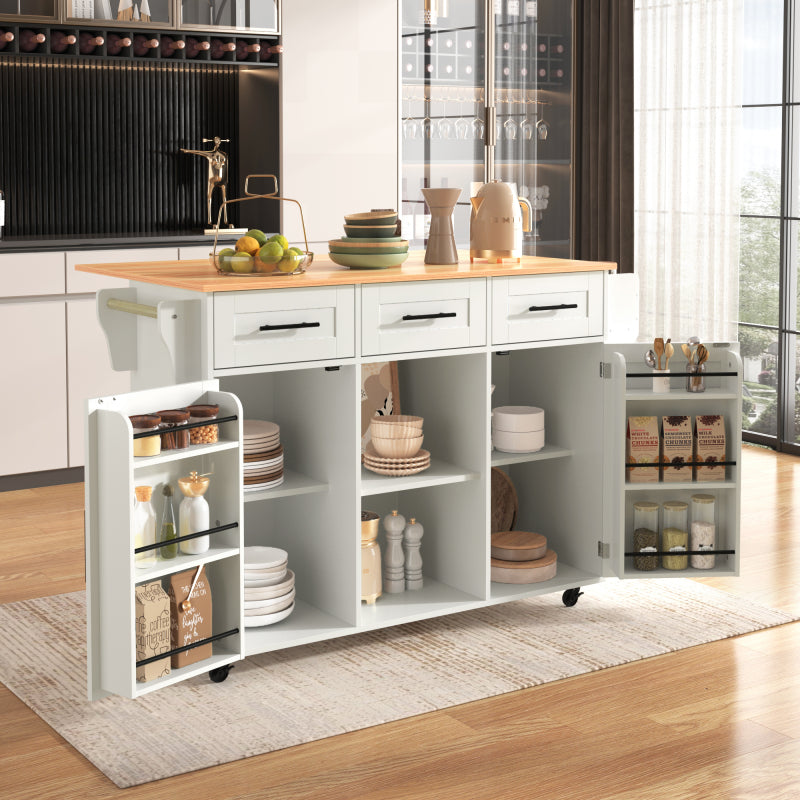 139x46(71)x91,5 cm großer Esswagen/Anrichte, Korpus weiß + Arbeitsplatte in Massivholzmaserung, klappbare Arbeitsplatte, Ablagetür, Rollen, auswechselbare Massivholzfüße, geeignet für Esszimmer, Küche