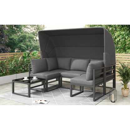 Garten Loungesessel Set, Iron Sunny Island Sitzgruppe Hocker und Tisch mit Markise 4er Set Balkon und Garten Loungemöbel Terrassenmöbel Wetterfest Grau Inkl. aller Kissen(previous sku:HW24006AAA)