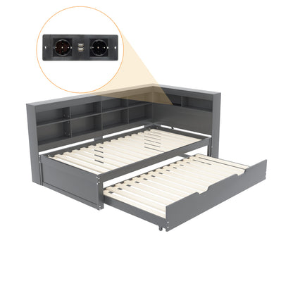 Multifunktions-Schlafsofa 90x200 & 90x190 Ausziehbar - Massivholz Grau mit USB-Anschluss, Stauraum & Ablagefächern - Praktisches Einzelbett, Grau
