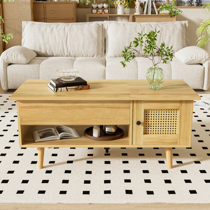 Eleganter Couchtisch mit anhebbarer Tischplatte und Rattan-Türen, Holzfarbe mit schwarzen Akzenten, ideal für das Wohnzimmer – Praktischer Stauraum und funktionales Design
