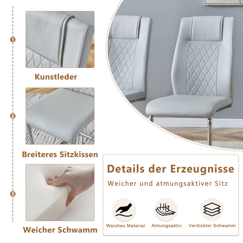 Nordic-Stil hellgrau PU Essstuhl (vier Stühle in einer Kiste) - Rücken mit Gitternäht Design, glänzende silberne Metallbeine
