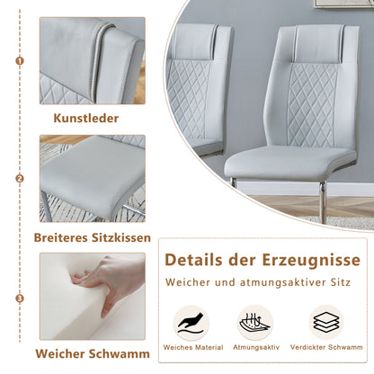 Nordic-Stil hellgrau PU Essstuhl (vier Stühle in einer Kiste) - Rücken mit Gitternäht Design, glänzende silberne Metallbeine