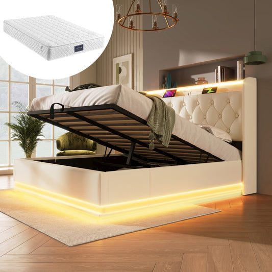 Polsterbett Doppelbett, 360-Surround-LED-Funktion, Drucktaste/App/Fernbedienung, 160*200 cm, weiß PU-Material Hydraulisches Lagerbett, gepolstertes Kopfteil mit USB Typ-C Ladefunktion (Mit Matratze)