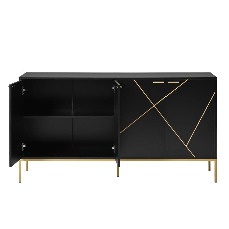Sideboard mit vier Türen, Metallfüßen, TV-Schrank, Kleiderschrank,  geradliniges Design mit Metalllinien-Dekor, Schwarz+Golden