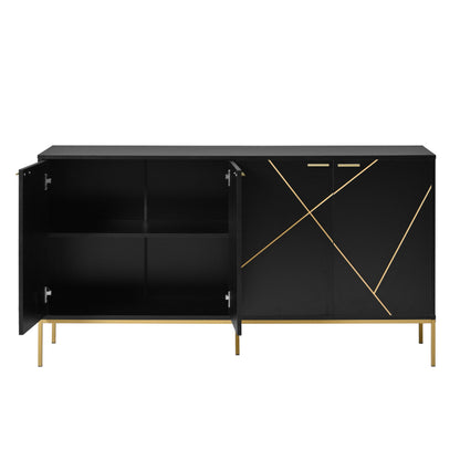 Sideboard mit vier Türen, Metallfüßen, TV-Schrank, Kleiderschrank,  geradliniges Design mit Metalllinien-Dekor, Schwarz+Golden