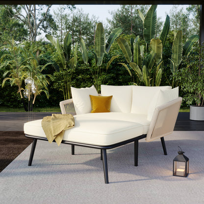Gartensofa mit 2 Kissen und 2 Polster, Sonnenliege im Außenbereich, Gartenlounge, Kissen sind abnehmbar und waschbar, Beige