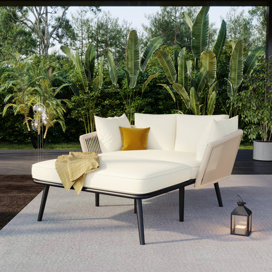 Gartensofa mit 2 Kissen und 2 Polster, Sonnenliege im Außenbereich, Gartenlounge, Kissen sind abnehmbar und waschbar, Beige