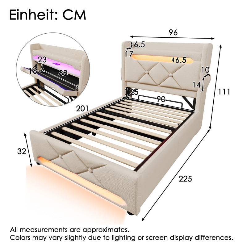 Polsterbett Einzelbett 90*200, Stauraum Kopfteil mit USB und Typ C-Port ,360-Surround-LED-Funktion rund um Kopf- und Fußende des, Betten mit Hydraulisch Stauraum, Beige , Leinen(Ohne Matratze)