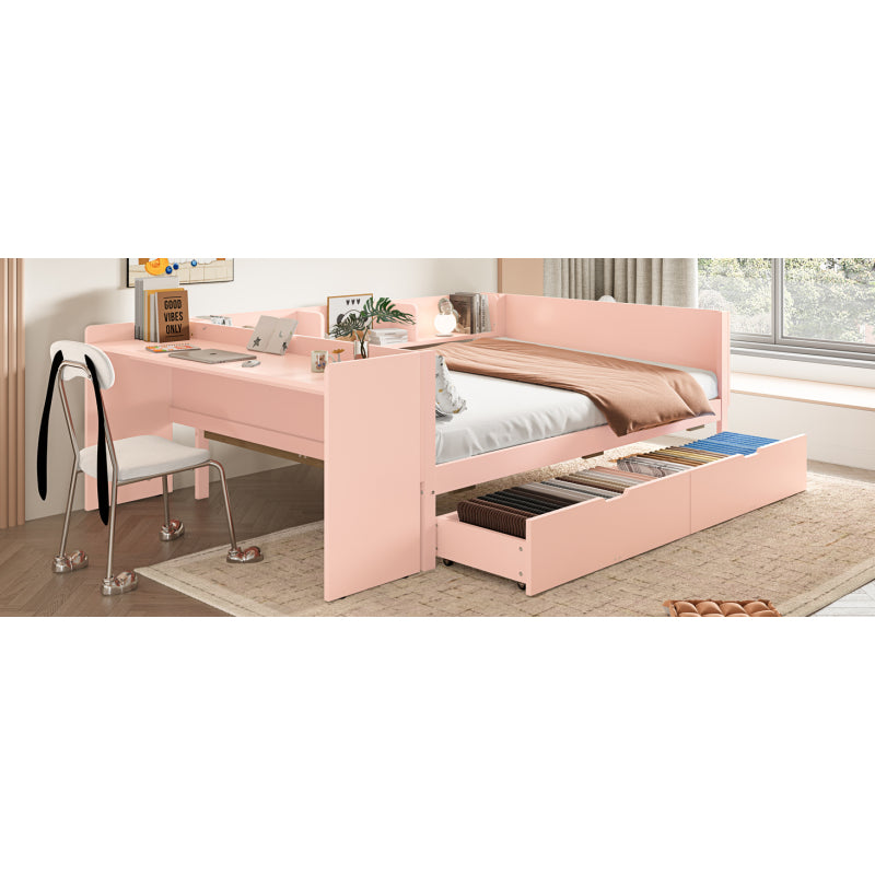 Flachbett, Holzbett, 140x200cm, mit Schreibtisch, ausgestattet mit 2 Schubladen, Doppelbett(Ohne Matratze), mit Regalen, Kiefer + Spanplatte, Rosa