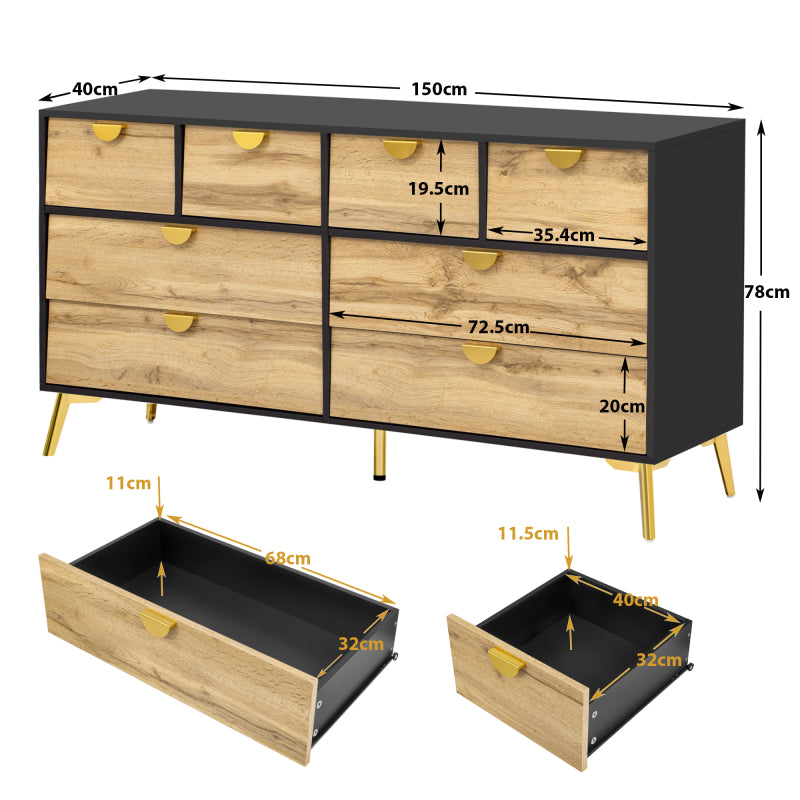 L150*W40*H78cm, Moderne Sideboard mit 8 Schubladen, Schwarz & Holzfarben, Minimalistisches Design, Goldene Metallgriff, Metallfüße, für Wohnzimmer und Esszimmer