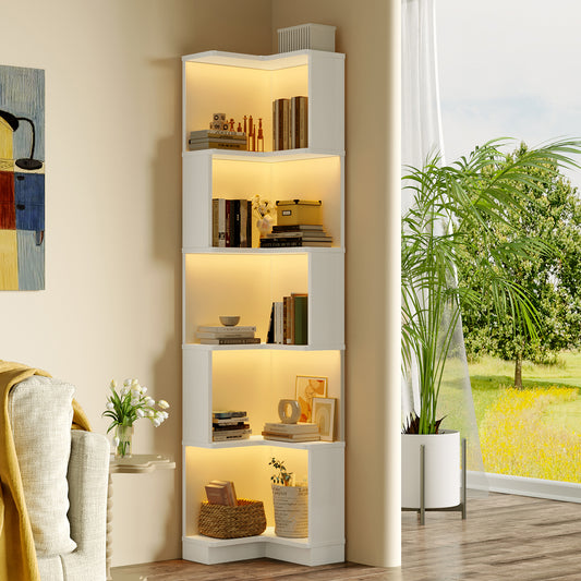 Eck Bücherregal,  L-förmiges Bücherregal, LED-Farbwechsel-Lichtleiste, Fernbedienung/App-Steuerung, weiß