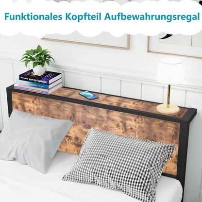 120x200 cm Metallgestell mit Stauraum-Kopfteil, Einzelnes Metall-Plattformbettgestell, Geräuschfrei, Metalluntergestell, Ohne Boxspring Notwendig, Vintage Braun