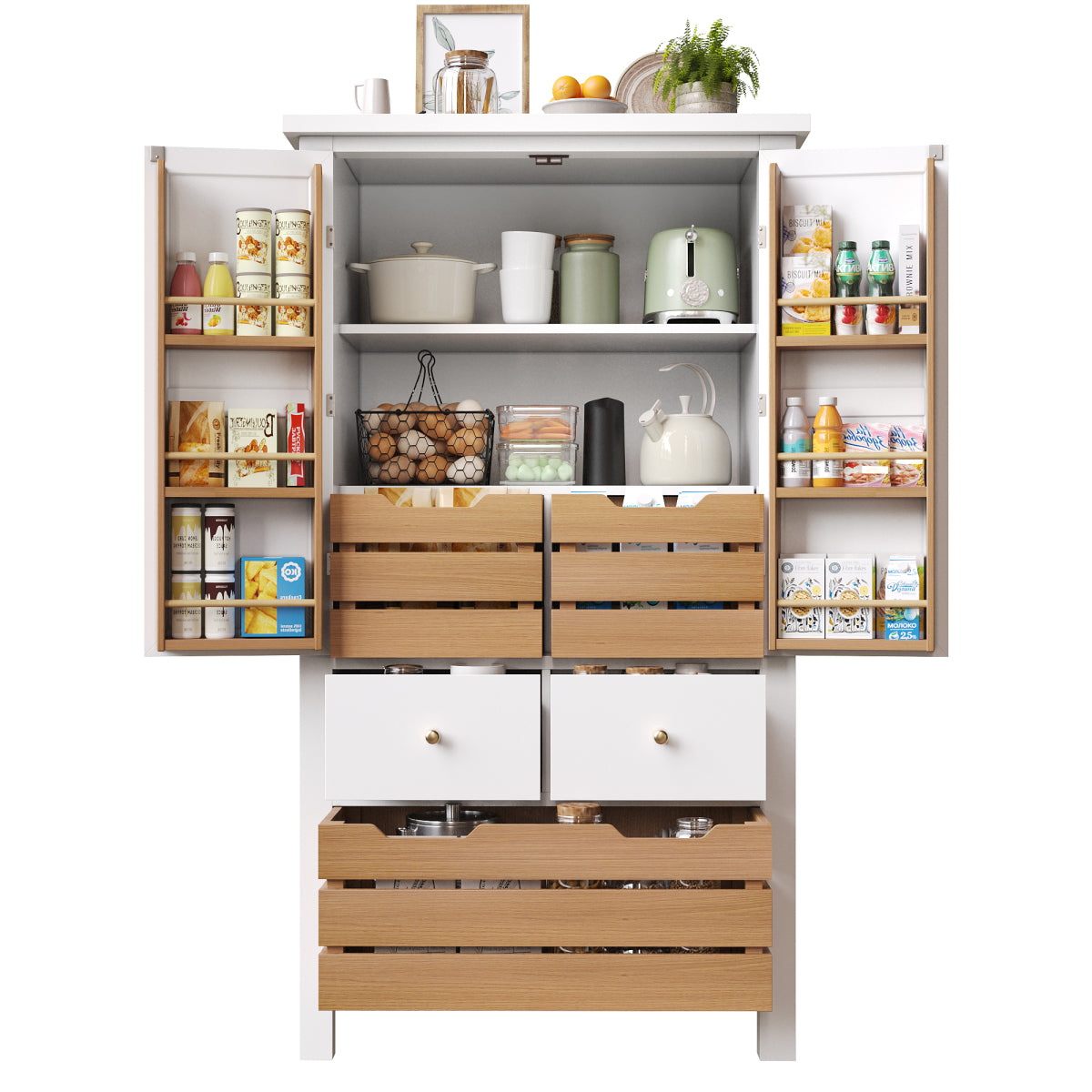 Küchenschrank 140cm hoch, Buffet-Schrank mit 2 Türen & 5 Schubladen, Mehrzweckschrank Weiß, Sideboard Vorratsschrank mit Kippschutz, 80x40cm