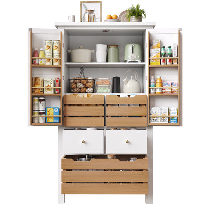 Küchenschrank 140cm hoch, Buffet-Schrank mit 2 Türen & 5 Schubladen, Mehrzweckschrank Weiß, Sideboard Vorratsschrank mit Kippschutz, 80x40cm