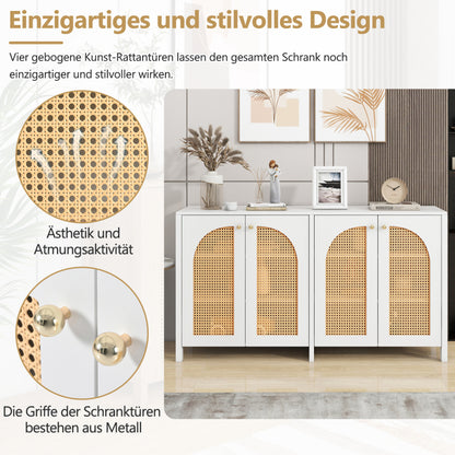 Modernes Sideboard im minimalistischen Stil 4-Rattantür, Metallgriff einfaches Buffetschrank für Esszimmer, Wohnzimmer, Küche (weiß)
