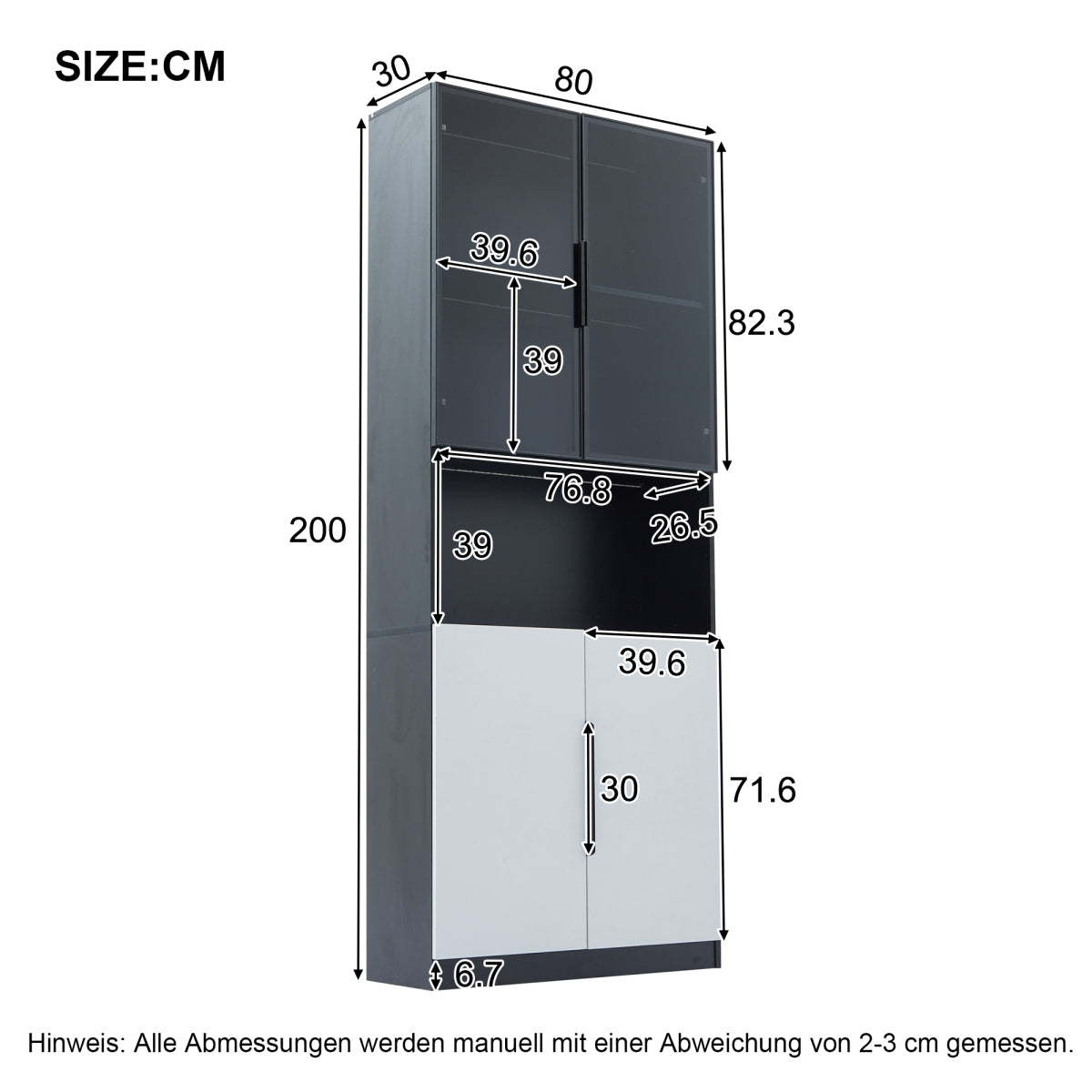 Moderne Vitrine 80x30x200cm Weiß/Schwarz - Glasschrank mit LED, Einstellbare Helligkeit & Farbtemperatur, Sammler-Bücherregal mit Glastüren