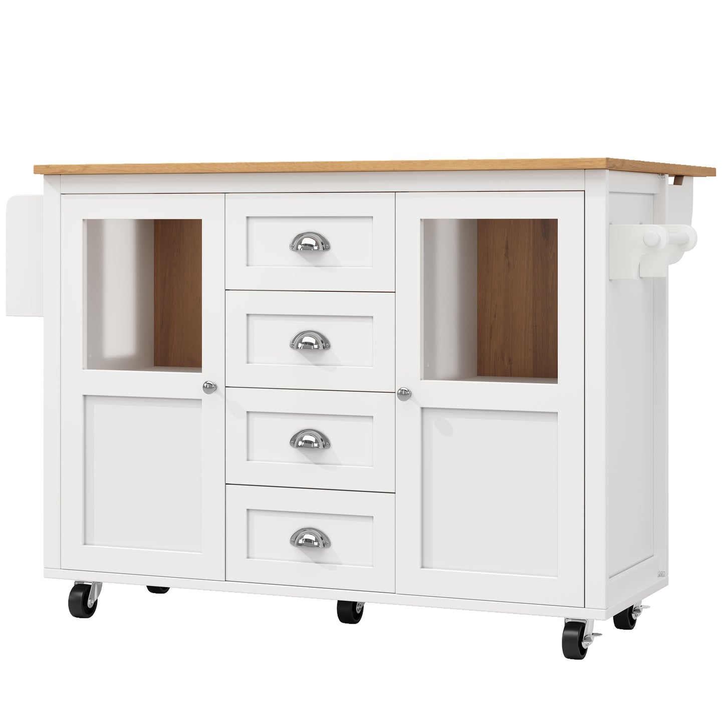 Kücheninsel,Küchenschrank,Buffetschrank,120x73(45)x93cm,ausziehbarer Küchenwagen mit Rollen, Handtuchhalter, Gewürzregal, verstellbaren Einlegeböden, zwei Türen, vier Schubladen, weiß