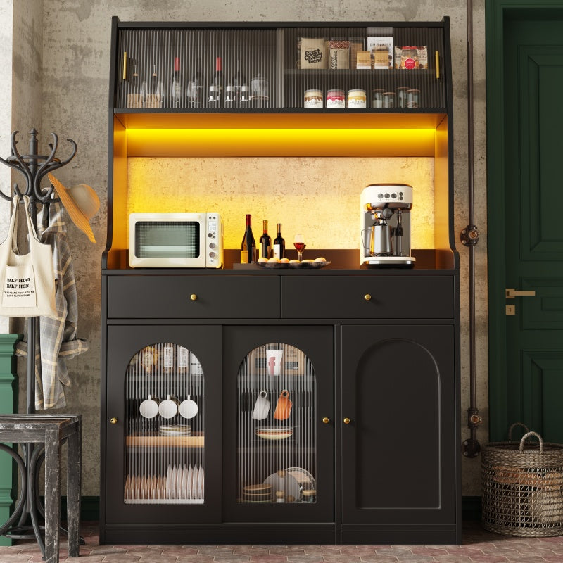 Küchenschrank, Esszimmerschrank mit 2 Schubladen, Sideboard mit LED-Beleuchtung, schwarz