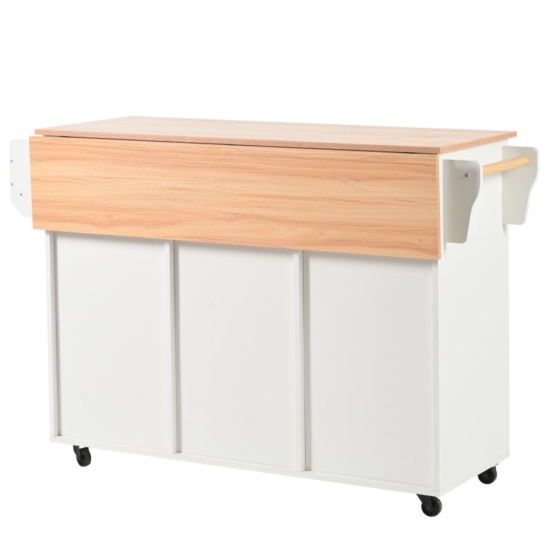 139x46(71)x91,5 cm großer Esswagen/Anrichte, Korpus weiß + Arbeitsplatte in Massivholzmaserung, klappbare Arbeitsplatte, Ablagetür, Rollen, auswechselbare Massivholzfüße, geeignet für Esszimmer, Küche