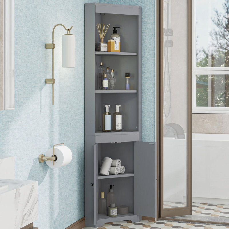 Badezimmer-Hochschrank, Drei offene Ablagefächer, Feuchtigkeitsgeschützte Flügeltüren, Verschiebbare Einlegeböden, Schlichte Form, grau