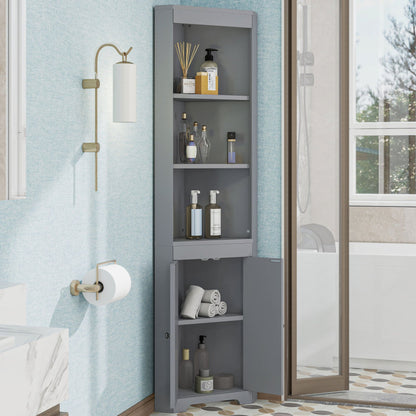Badezimmer-Hochschrank, Drei offene Ablagefächer, Feuchtigkeitsgeschützte Flügeltüren, Verschiebbare Einlegeböden, Schlichte Form, grau