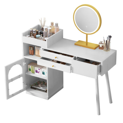 Kosmetiktisch-Set mit LED-Spiegel und 3-Farben-Beleuchtung, Schminktisch aus Holz mit 3 Schubladen und Seitenschrank, ausziehbares Design - Maße: B120/H90/T40 cm (ohne Hocker)